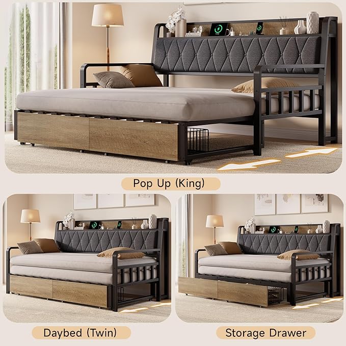 ONBRILL Twin Daybed with Trundle, Twin to King Daybed with Pop up Trundle, Metal Twin Day Bed Frame with Storage Drawers, Upholstered Headboard & Power Outlet for Living Room & Guest Room, Black