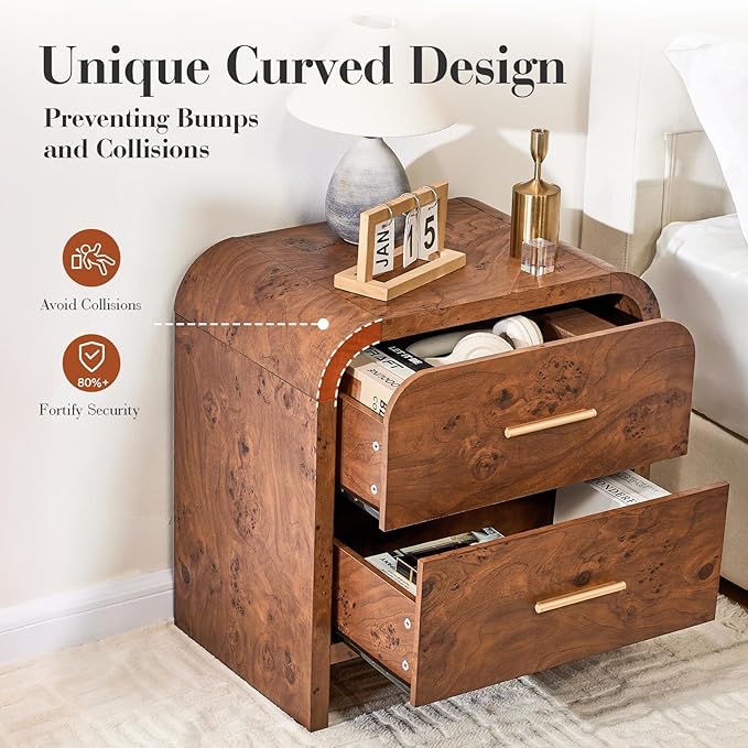 Night Stand [Unique Curved Profile] [FSC-Certified Wooden Board] 2-Drawer Nightstand 24" H Metal Handle Modern Sturdy Bedside Table Side Table End Table