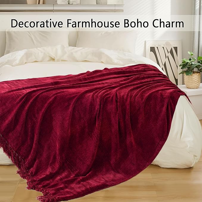 Chenille Throw Blanket for Couch 50"X 60", Soft Cozy Throws with Fringe Tassel for Bed Sofa Chair Cover, Lightweight Knitted Decorative Boho Blankets for Living Room, Red