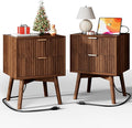 Fluted Nightstand, Night Stand Set 2, Nightstands Set of 2 with Beveled Edges & Solid Wood Legs, 2 Drawer Wooden End Table with Charging Station, Modern Bedside Table for Bedroom, Walnut