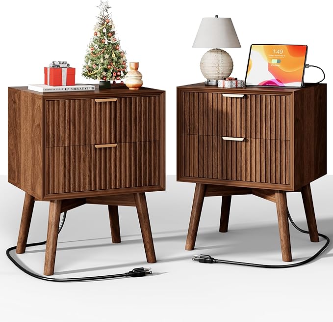 Fluted Nightstand, Night Stand Set 2, Nightstands Set of 2 with Beveled Edges & Solid Wood Legs, 2 Drawer Wooden End Table with Charging Station, Modern Bedside Table for Bedroom, Walnut