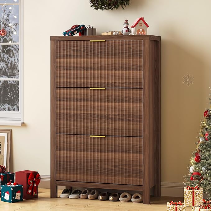 Shoe Cabinet Storage for Entryway, Fluted Shoe Cabinet with 3 Flip Drawers, Hidden Shoe Rack Tall Freestanding Shoe Organizer with Legs for Hallway, Walnut