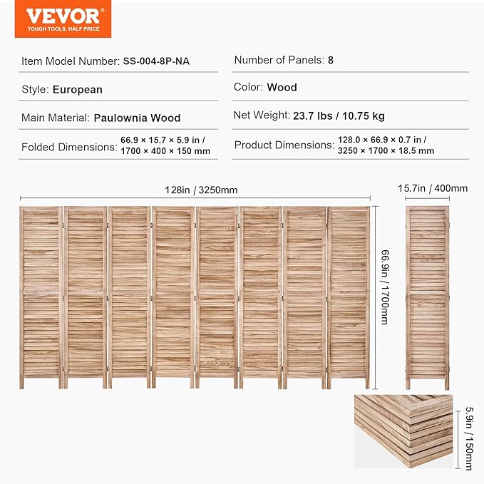 VEVOR Wood Room Divider, 8 Panel Wood Folding Privacy Screen, 66.9 Inches Tall Indoor Louvered Partition Divider, Portable Decoration Screen, for Room Separation, Home, Office, Restaurant & Bedroom