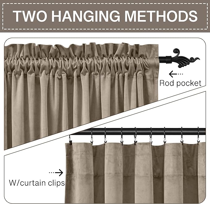 StangH Curtains 102 inches - Rod Pocket Camel Beige Velvet Room Darkening Window Curtains Thick Heavy Vertical Drapes for Elegant Home Decor, W52 x L102, 2 Panels