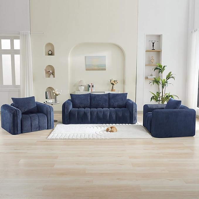 Corduroy Boneless Living Room Sets, Modern Upholstered 3 Seater Sofa with 2 Signle Accent Chairs, Comfy Deep Seat Cloud Sofa Couch Sets for Living Room, Navy