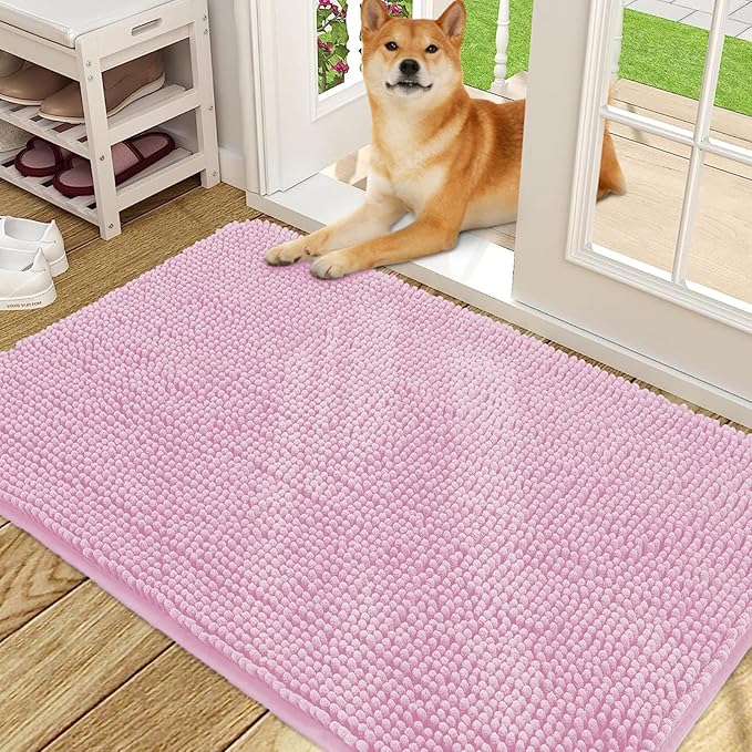 OLANLY Dog Door Mat for Muddy Paws 48x30, Absorbs Moisture and Dirt, Absorbent Non-Slip Washable Doormat, Quick Dry Chenille Mud Mat for Dogs, Entry Indoor Entryway Carpet for Inside Floor, Pink