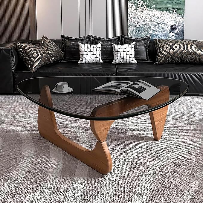 Mid Century Modern Glass Coffee Table, Coffee Table for Living Room, Brown Glass Coffee Tables,Suitable for Bedroom Living Room Reception Office Tables (Walnut/Grey, Medium 35.8 * 25.5 * 16in)