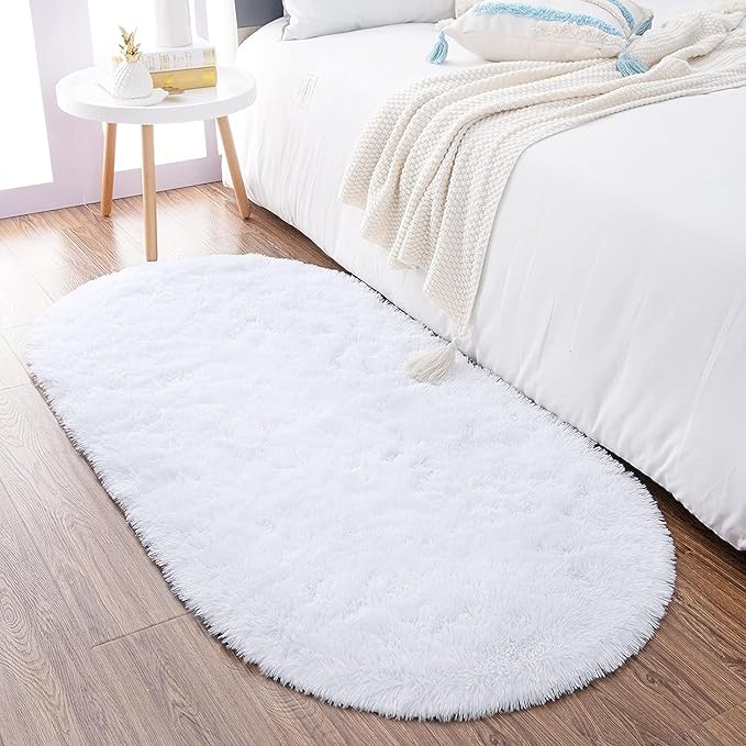 Noahas Fluffy White Rugs for Bedroom Living Room,2'X5' Oval Throw Rug for Kids Room,Shag Hallway Runner Rug,Small Soft Shaggy Bedside Non-Slip Plush Nursery Dorm Carpet Home Decor Aesthetic