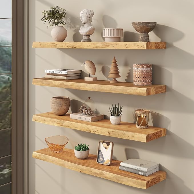 fuqing Live Edge Floating Shelves for Wall 30 inch, 8 Inch Deep Solid Elm Wood Floating Wall Shelves - Rustic Wooden Shelves with Invisible Brackets for Living Room Bedroom Kitchen, 2 Pack, Natural