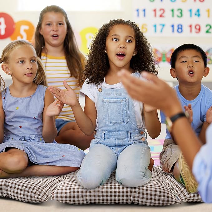 Geetery 12 Pcs Floor Pillows for Classroom Bulk Square Seating Cushions for Floor Chair School Kindergarten Reading Corner, 15.7'' Large Thick Meditation Cushions Yoga Nursery Daycare (Plaid Color)
