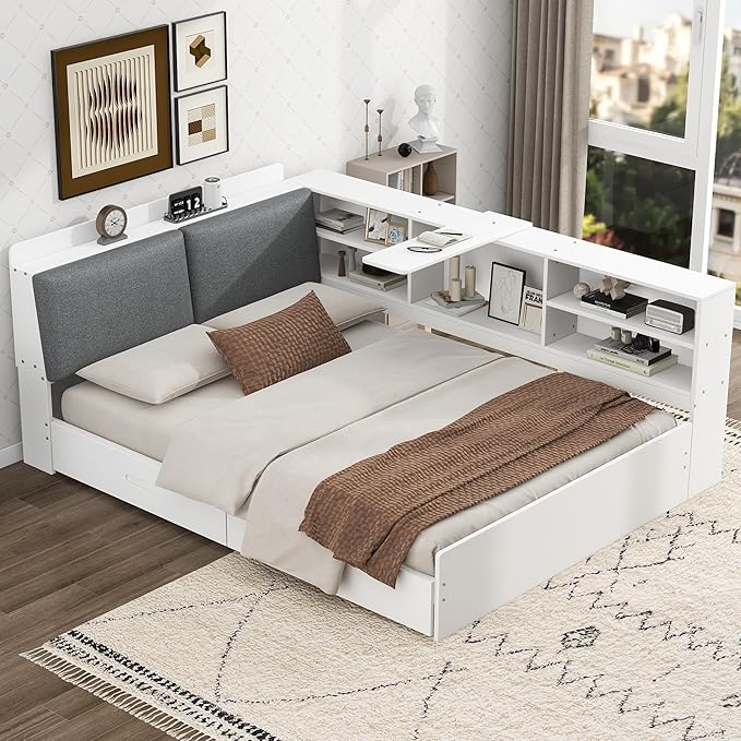 Ball & Cast Full Size Wooden Storage Daybed Frame, Modern Platform Bed with Drawers & Flip Headboard & Shelves, L Shaped Full Floor-Bed w/Upholstered Headboard&Storage, No Box Spring Needed, White