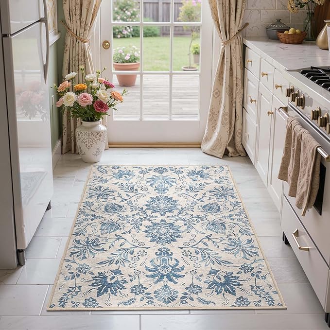 jinchan Torino 3x5 Area Rugs for Entryway, Vintage-Inspired Floral Design Machine Washable Non-Slip Low-Pile Rug, Ultra-Thin Indoor Traditional Accent Carpet for Entrance Bedroom Hallway, Dark Blue