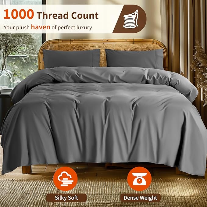 LBRO2M 100% Cotton Sheets Set Deep Pocket 24", 1000 Thread Count California King Size 4 Piece Bed Sheet Sets Soft Comfortable Bedding All Season (California King, Dark Gray)