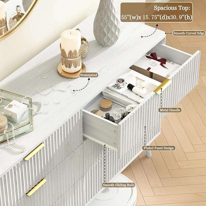 CARPETNAL Fluted 6 Drawer Dresser for Bedroom, 55" Wide Wooden Chest of Drawers with Rounded Corners, Gold Handles, Modern Storage Organizer for Bedroom, Hallway(White)