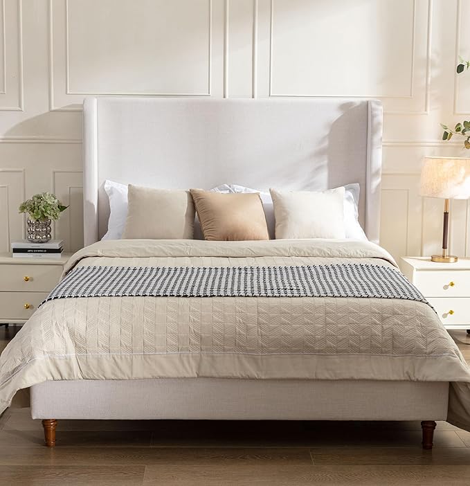 Harper Upholstered Wingback Bed Frame with 54" Extra-Tall Headboard - Modern Textured Chenille Platform Bed, Solid Oak Wood Feet, Sturdy Metal Foundation, Box Spring Required(Ivory Queen)