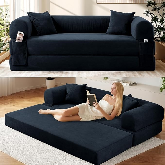 Convertible Futon Sofa Bed,80" Folding Pull Out Couch Bed with Storage,Queen Sleeper Sofa Bed,Compressed Couch in a Box,Corduroy Boneless Couches for Living Room,Deep Blue