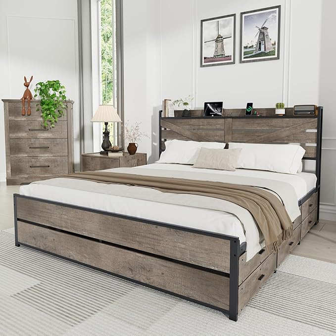 Queen Size Wooden Bed Frame with 12 Storage Drawers and Headboard, Farmhouse Platform Bed Frame with Charging Station, No Box Spring Needed, Stable and Solid, Noise Free. (Oak, Queen)