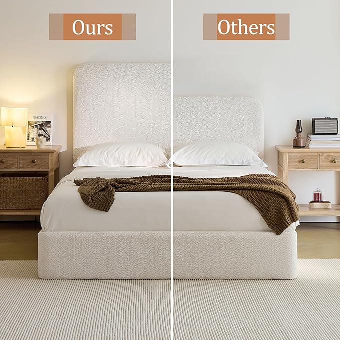 Queen Size Upholstered Bed Frame, 52" High Headboard Wingback Bedframes, Canter Tall Headboard Floor Platform Beds, No Box Spring Needed No Noise/Easy Assembly/Minimalist, Pearl White Chenille