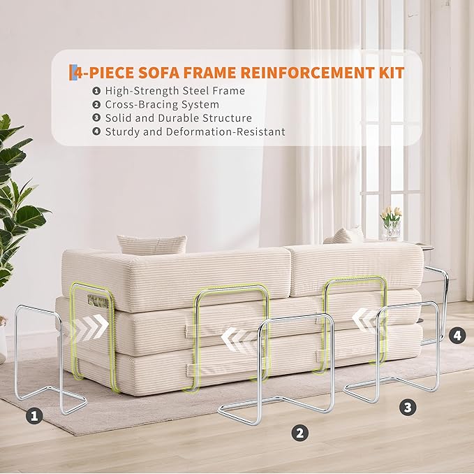 Garvee 5-in-1 Convertible Sofa Bed, 78.8" Modular Corduroy Sleeper with Sturdy Frame & No Assembly, Multi-Functional Futon for Small Space, Living Room & Guest Room (Beige)