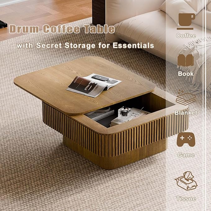 Square Small Coffee Table with Storage, Modern Wooden Coffee Table with Solid Wood Veneered, Fluted Center Table Drum Tea Table for Living Room Apartment, 31.5''L×31.5''W×14''H