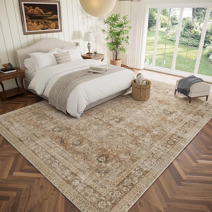 Washable 9x12 Area Rugs for Living Room, Boho Non-Slip Vintage Distress Lager Rugs for Bedroom Dining Room Nursery Office, 0.3" Neutral Oriental Throw Thin Carpet, Brown/White/Multi