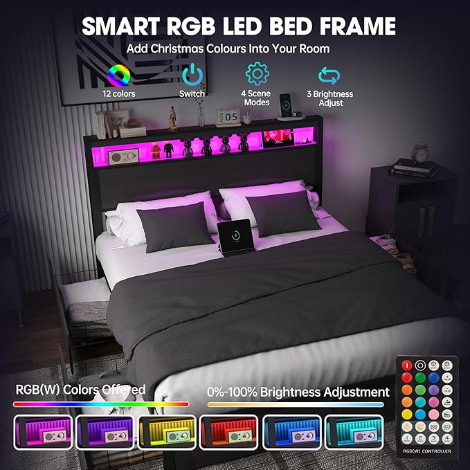 Queen Bed Frame with Storage Headboard and 4 Drawers, Metal Platform Bed Frame with LED Light, Charging Station, No Box Spring Needed, Noise Free, Easy Assembly,Charcoal Grey