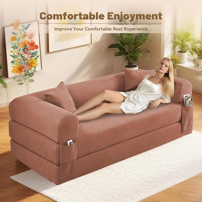 80" Convertible Sofa Bed,Corduroy Folding Sleeper Sofa Bed Queen with Pillows & Storage,Modular Pull Out Couches Boneless Couch for Living Room,Compressed Couch in a Box,Pink