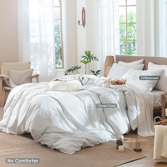 MooMee Striped Duvet Cover Set 100% Washed Cotton Linen Like Textured Breathable Durable Soft Comfy (White Heathered Green Wide Stripes, Oversized King Plus 128"x120")