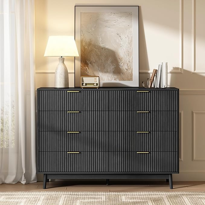 CARPETNAL Fluted 8 Drawer Dresser for Bedroom, 55" Wide Wooden Chest of Drawers with Rounded Corners, Gold Handles, Modern Storage Organizer for Bedroom, Hallway(Black)
