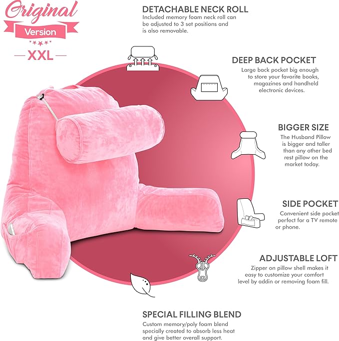 Husband Pillow XXL – Reading Pillow Bed Chair with Arms & Back Support – Pink - Back Pillow for Beds Sitting Up – Bed Rest Arm Pillow – Comfy Reading Pillow for Adults