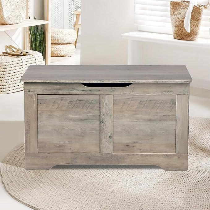 Timberer 31.5" Storage Chest, Wooden Storage Bench, Lift Top Toy Chest with 2 Safety Hinges, Large Toy Box, Entryway Shoes Bench for Living Room, Bedroom, Grey