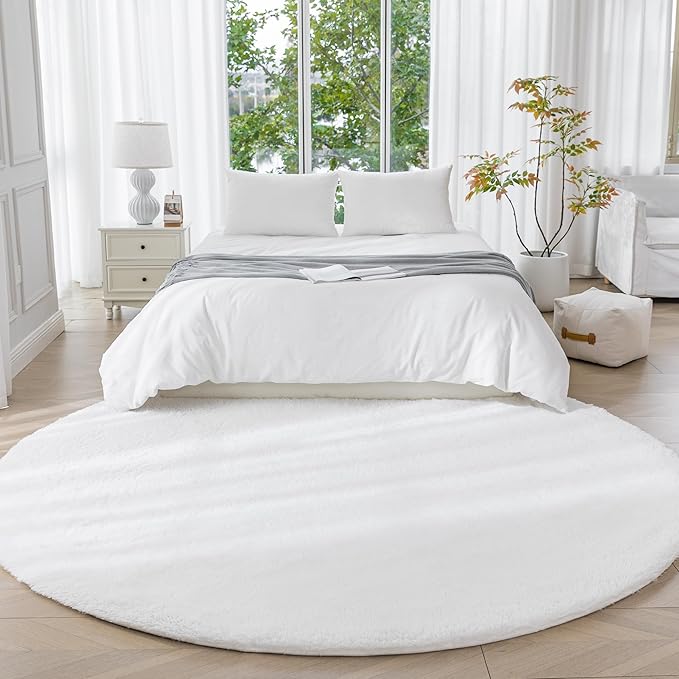 Amazon Basics Fluffy Washable Round Area Rug, Circle Shaggy Carpet for Living Room, Bedroom, Nursery, 6'R, Cream
