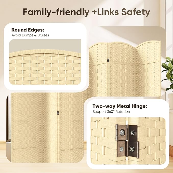 JOSTYLE 6ft. Tall Extra Wide , Folding Privacy Screens with Diamond Double-Weave and Freestanding Room Dividers (Ivory, 6-Panel)