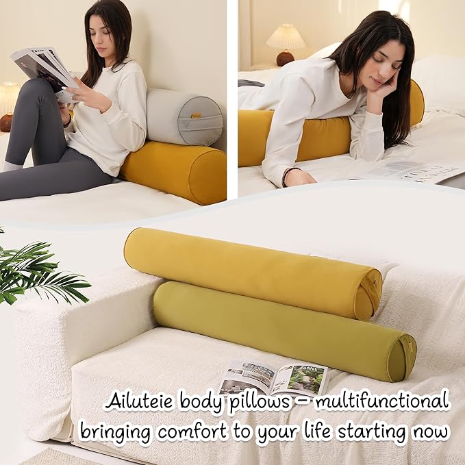 Bolster Pillow for Bed – Long Round Body Pillow for Adults, Cuddle Pillow for Sleeping, Full-Length Support,39.37 x 7.87 Inches,Honey Yellow
