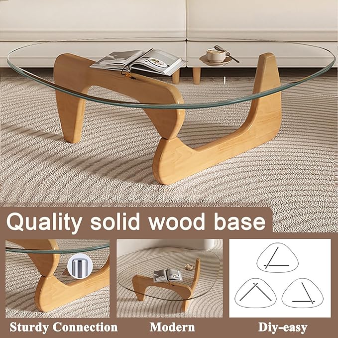 Modern Glass Coffee Table for Living Room, Mid Century Coffee Table, Small Coffee Tables, Suitable for Bedroom Living Room Reception Office Tables (Wood/Transparent, Medium)