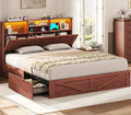 VIAGDO Farmhouse Bed Frame Full Size with Bookcase Storage Headboard, Charging Station and LED Lights, Wooden Full Bed Frame with 4 Drawers, Barn Door Design, No Box Spring Needed, Reddish Brown