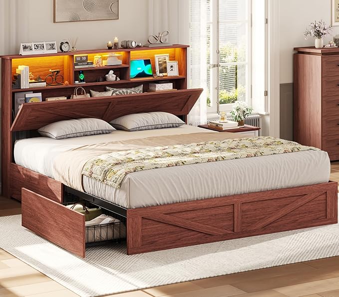 VIAGDO Farmhouse Bed Frame Queen Size with Bookcase Storage Headboard, Charging Station and LED Lights, Wooden Queen Bed Frame with 4 Drawers, Barn Door Design, No Box Spring Needed, Reddish Brown