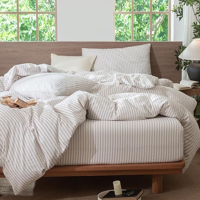 MooMee Striped Duvet Cover Set 100% Washed Cotton Linen Like Textured Breathable Durable Soft Comfy (White Orange Wide Stripes, Cal King 104"x98")