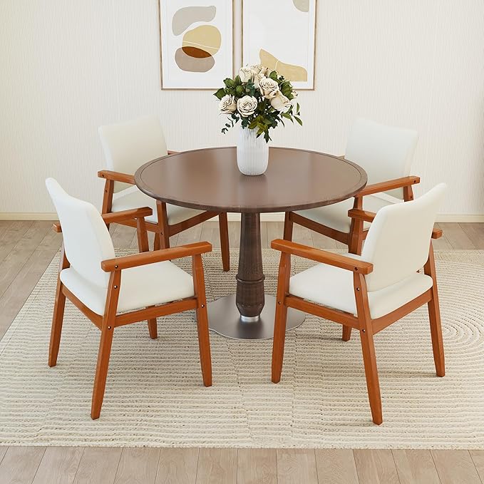 thksbought Set of 4 Walnut Dining Chairs, Wood Arm and Legs Chairs,Beige Color Living Room Chairs for Decor Furniture