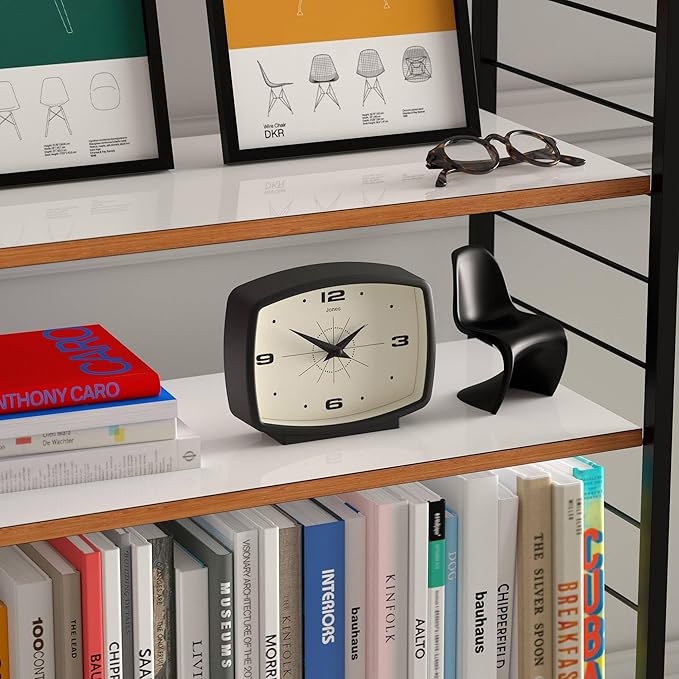 JONES CLOCKS® Film Desk Clock | Retro Rectangular Design | Black | Retro Design, Blending mid Century Style with a Punchy Modern Finish for Shelf, Table, Mantel or Bedside