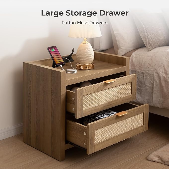SICOTAS Night Stand Set of 2 - Rattan Nightstands with Type-C Charging Station, 2 Rattan Drawers - Boho Bed Side Tables End Table for Small Space - Natural Oak