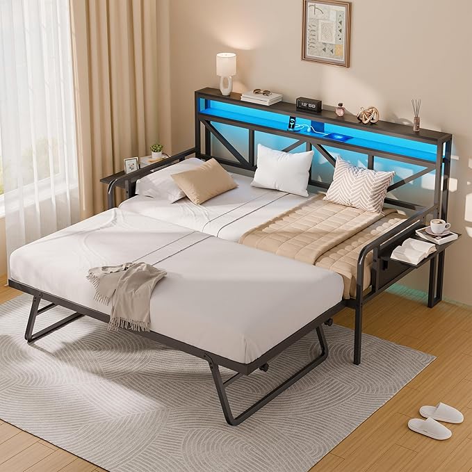 Daybed with Trundle, Heavy Duty Metal Twin Bed Frame with LED Lights & 2-Tier Storage Shelves, Sofa Day Bed with Charging Station & Tabletop for Living Room, Bedroom, Guest Room (Black)