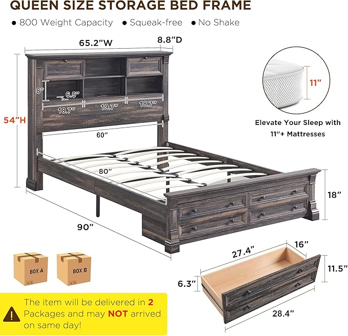 T4TREAM Farmhouse Queen Size Bed Frame with 54" Tall Storage Bookcase Headboard, Wood Platform Bed Frame with 18" Tall Roman Column Decoration Footboard & 2 Drawers(Dark Rustic Oak)