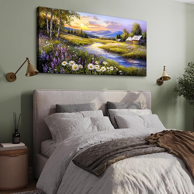 SERIMINO Large Wall Art for Living Room, River Landscape Wall Art, Meadow Wildflower Canvas Art Prints, Countryside Sunset Paintings Wall Decor for Bedroom, Farmhouse Kitchen Decor Pictures 29"X57"