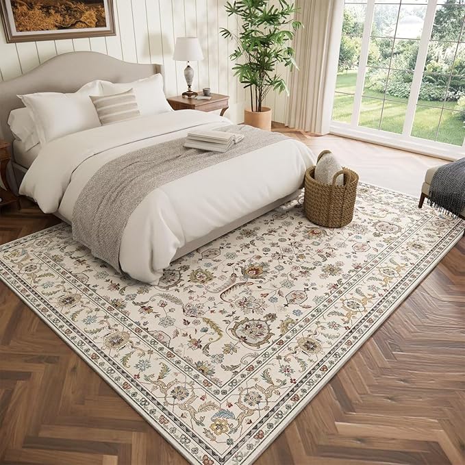 Washable 6x9 Area Rugs for Living Room, Boho Non-Slip Vintage Distress Large Rugs for Bedroom Dining Room Nursery Office, 0.3" Neutral Oriental Throw Thin Carpet, Beige/Rust/Green/Multi