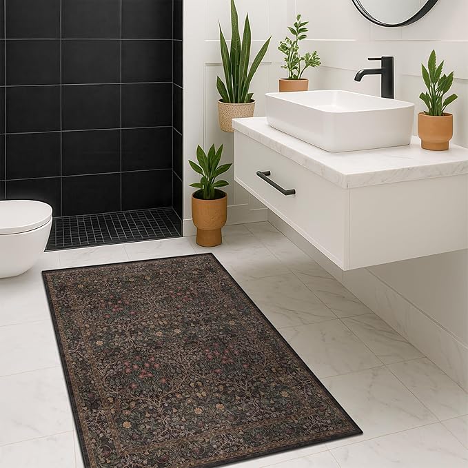 Vintage Dark Brown 3x4 Entryway Rug, Washable Small Area Rugs for Entryway,Kitchen,Bathroom,Door Mat,Indoor Entrance, Oriental flolal Low Pile Stain Resistant Non-Slip Large Rug