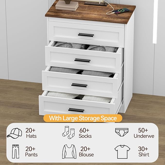 Farmhouse 4 Drawers Dresser for Bedroom Rustic Chest of Drawers with Natural Texture White Drawers Organizer for Living Room Hallway