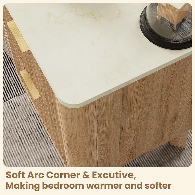 Fluted Nightstand Set of 2,Modern End Table with Faux Marble Top,2 Storage Drawers Side Table,Bedside Table for Bedroom, Living Room,Curved Profile Design Furnitue,Natural Oak