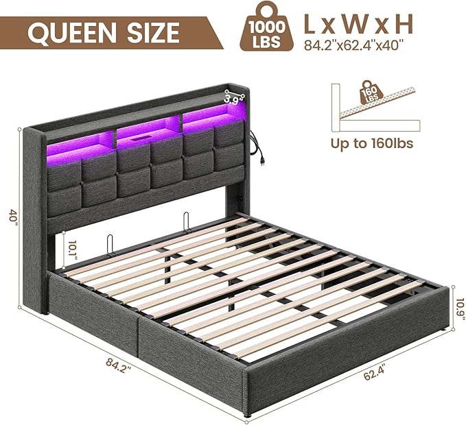 Lift Up Queen Bed Frame with Storage, Upholstered Bed Frame Queen Size with LED Lights Headboard and Charging Station, No Box Spring Needed, Easy Assembly - Dark Grey