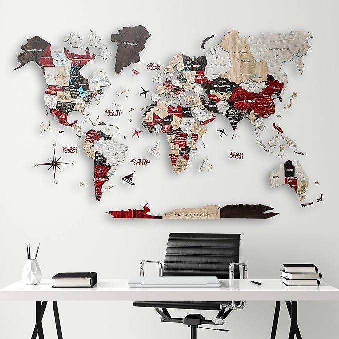 Handmade 3D Wood World Map Wall Art Large Wall Decor Track Your World Travels - Special for Home, Kitchen and Office (Large, Urban)